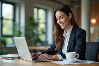 Femme souriante en bureau moderne travaillant sur un ordinateur