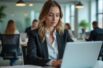 Femme en réunion vidéo dans un bureau moderne