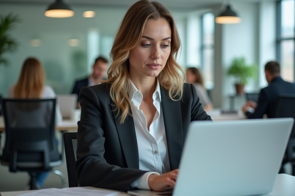 Femme en réunion vidéo dans un bureau moderne