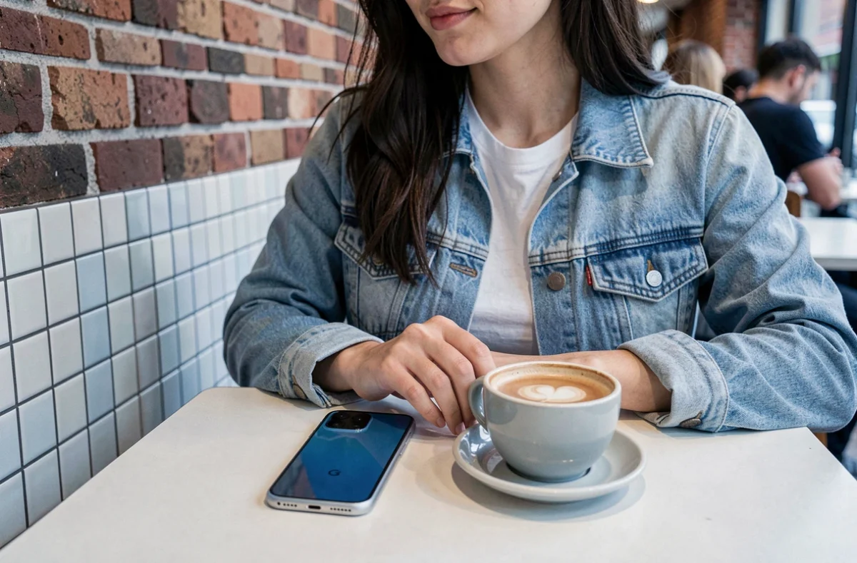 Femme dans un café avec un Google Pixel 6a posé sur la table, symbole de mobilité et de modernité