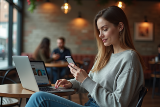 Femme assise dans un café moderne avec ordinateur et smartphone