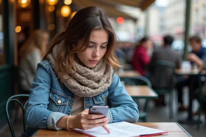 Jeune femme pointant un menu dans un café parisien