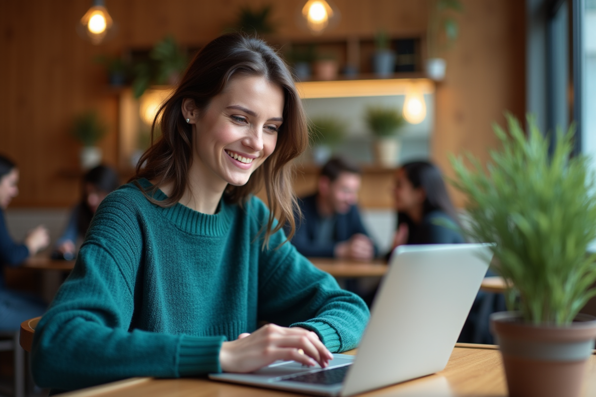 Femme souriante utilisant un ordinateur portable dans un café