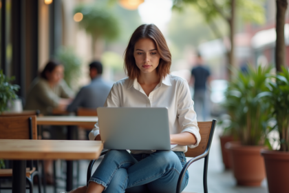 Femme travaillant sur un ordinateur dans un café urbain