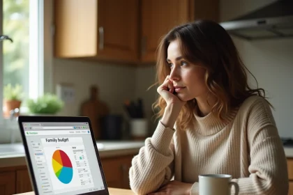 Femme consultant un tableau camembert Excel de budget familial sur un ordinateur portable dans une cuisine