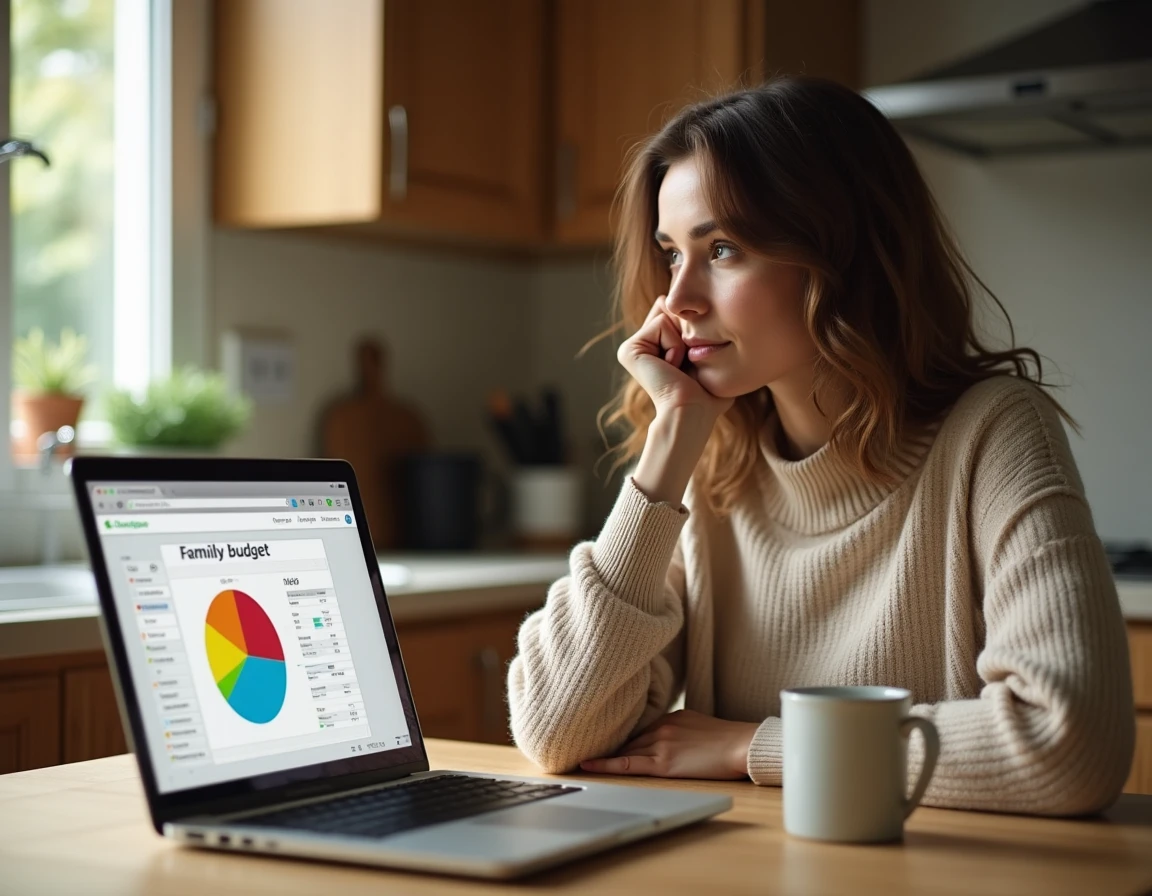 Femme consultant un tableau camembert Excel de budget familial sur un ordinateur portable dans une cuisine