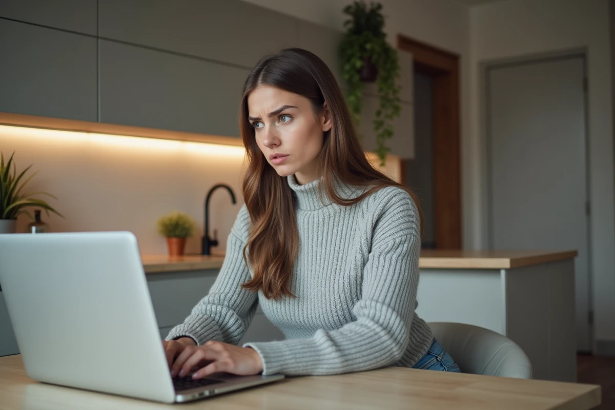 Femme assise à une table de cuisine moderne en train de taper son email