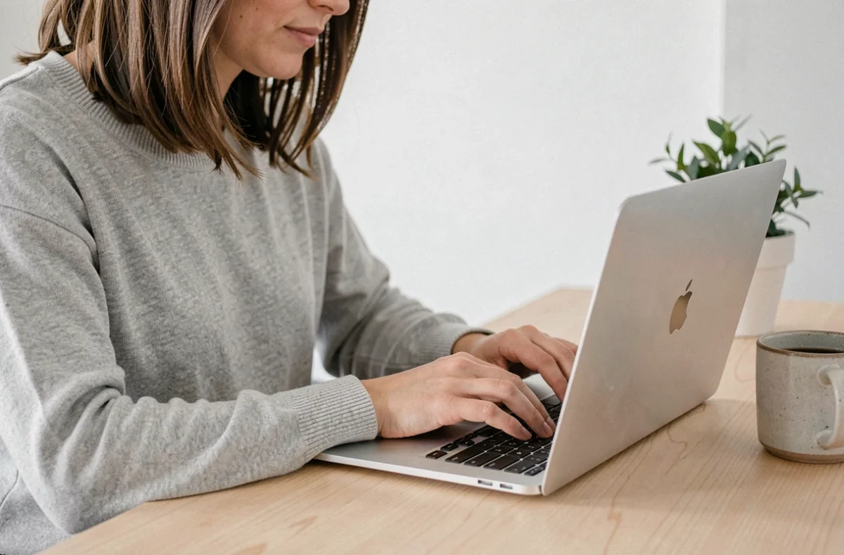 Femme utilisant un clavier Mac AZERTY pour taper le symbole tilde sur un MacBook posé sur un bureau en bois
