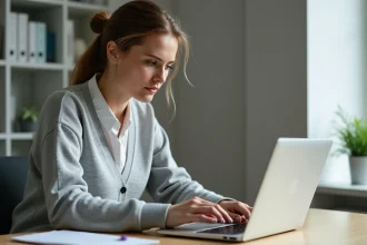 Femme en train d'examiner le clavier de son ordinateur portable pour corriger la configuration du symbole arobase