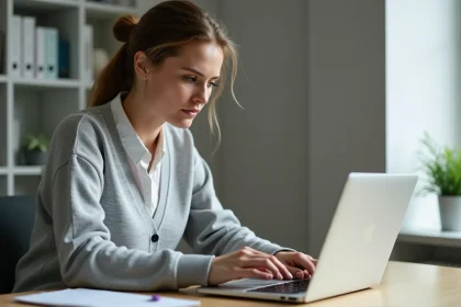 Femme en train d'examiner le clavier de son ordinateur portable pour corriger la configuration du symbole arobase
