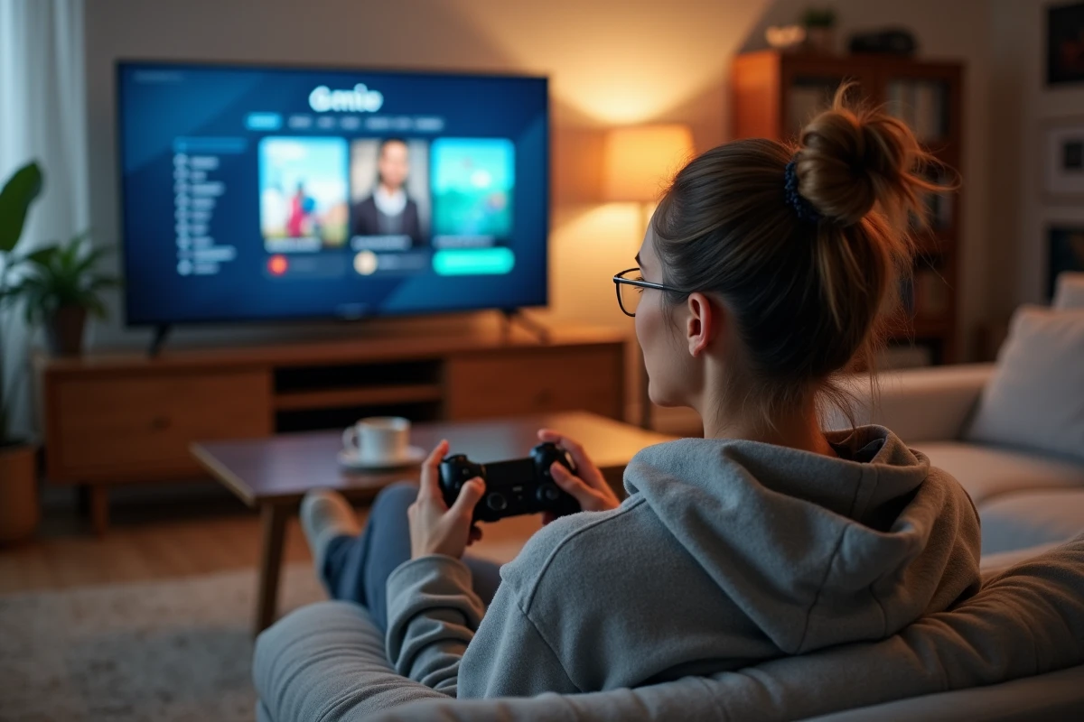 Femme jouant à des jeux cloud gaming Prime sur son canapé avec une manette sans fil et une grande télévision