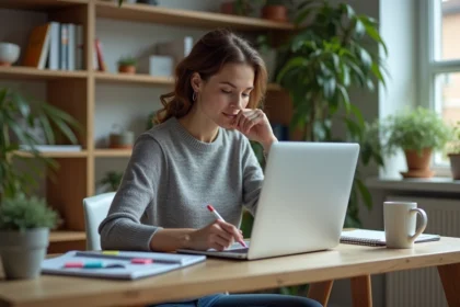 Femme analysant du code Python sur son ordinateur à la maison