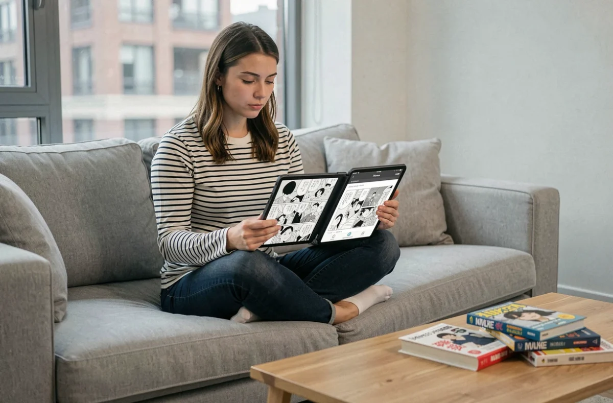Femme comparant des applications de lecture de scans manga sur une tablette dans un salon moderne