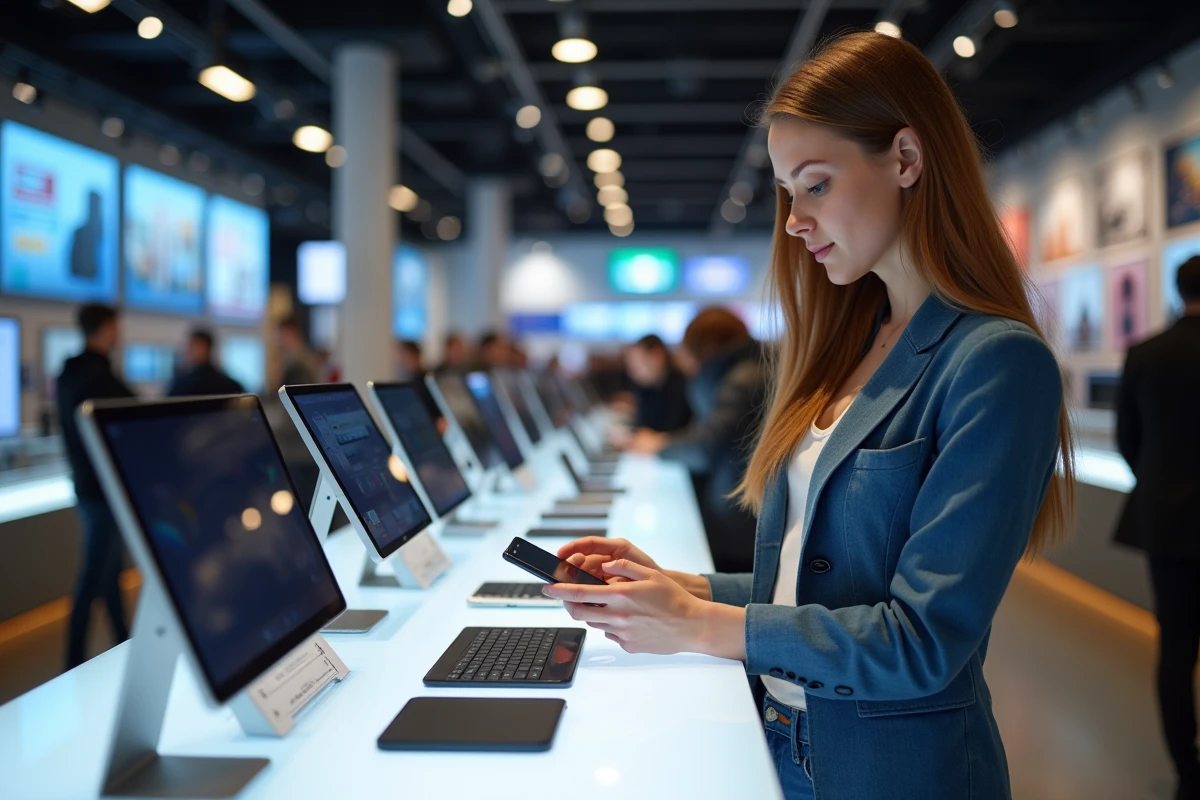 Femme comparant plusieurs smartphones dans un magasin high-tech