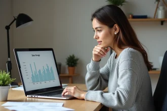 Femme consultant un tableau de conversion d'octets sur un ordinateur portable dans un bureau minimaliste