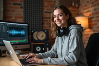 Femme avec casque audio travaillant sur un convertisseur audio pour mix et podcasts sur son ordinateur portable