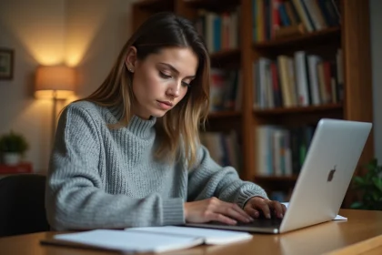 Femme concentrée en train d'écrire sur un ordinateur portable avec un compteur de mots affiché, dans un bureau chaleureux rempli de livres