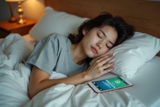 Femme endormie dans son lit avec un smartphone affichant une conversation WhatsApp programmée posé à côté d'elle