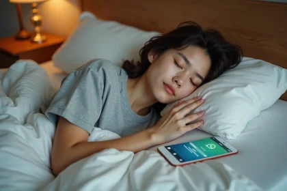 Femme endormie dans son lit avec un smartphone affichant une conversation WhatsApp programmée posé à côté d'elle