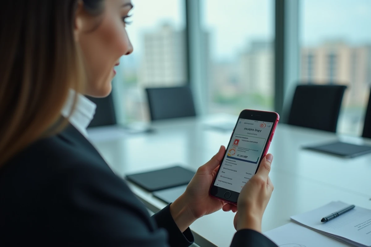 Femme en réunion tenant un smartphone avec documents de paie