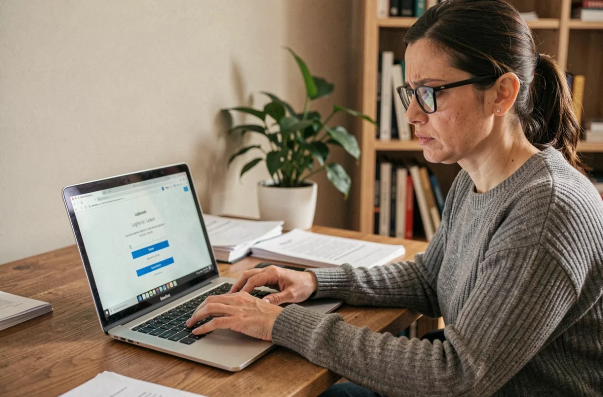 Femme frustrée devant un écran d'ordinateur affichant une erreur de connexion webmail