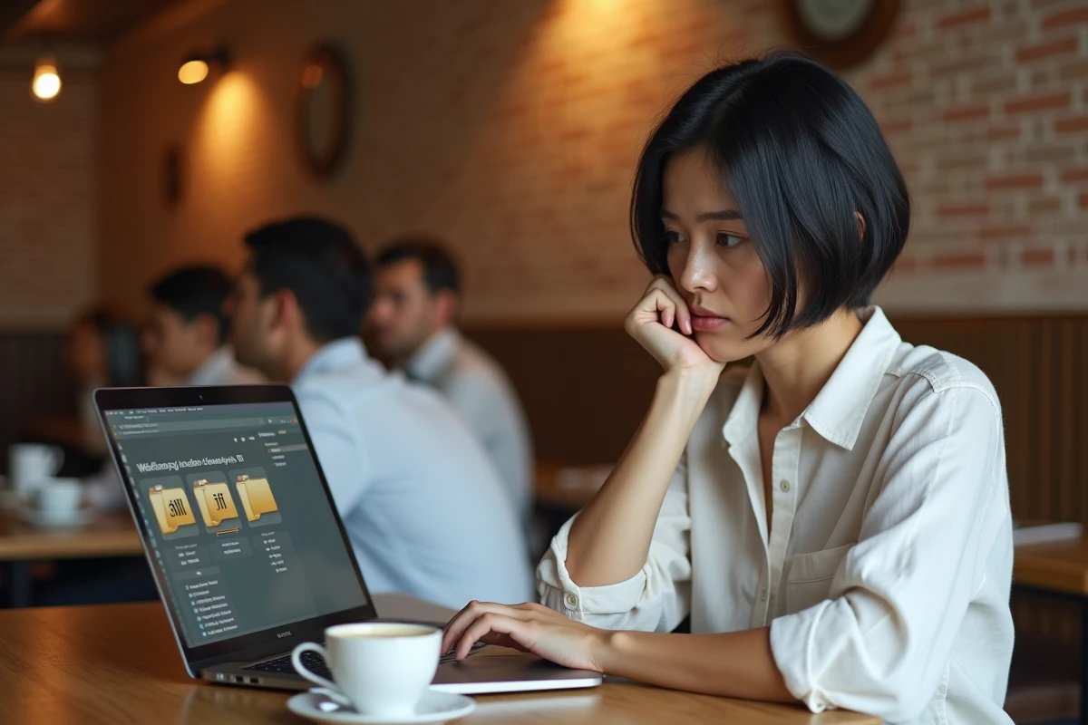 Femme consultant des fichiers images JFIF sur son ordinateur portable dans un café