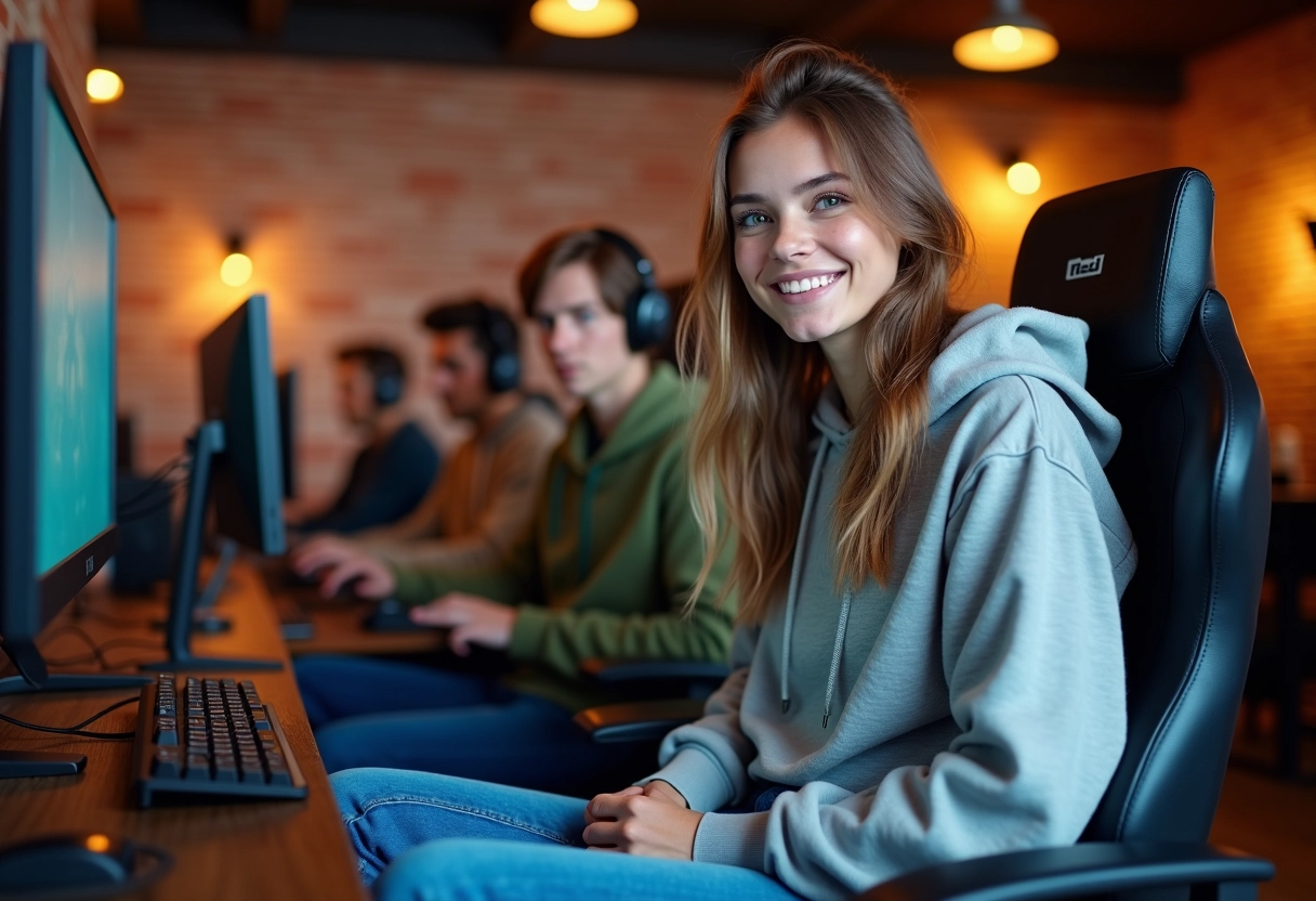 Jeune femme discutant en lounge gaming avec amis