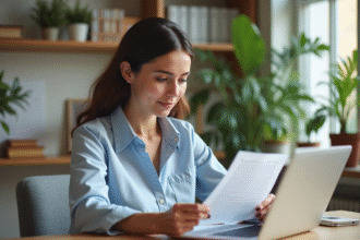 Femme en smartcasual consulte un PDF sur son ordinateur