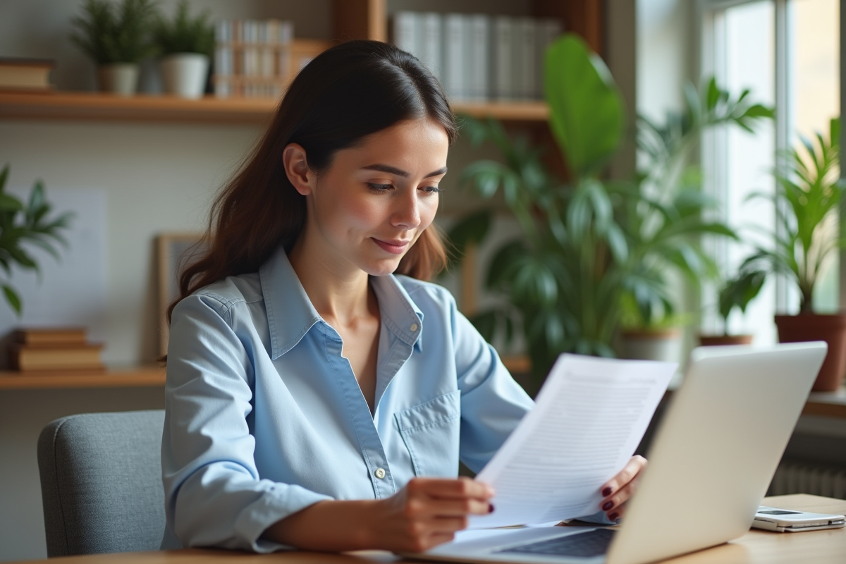 Femme en smartcasual consulte un PDF sur son ordinateur
