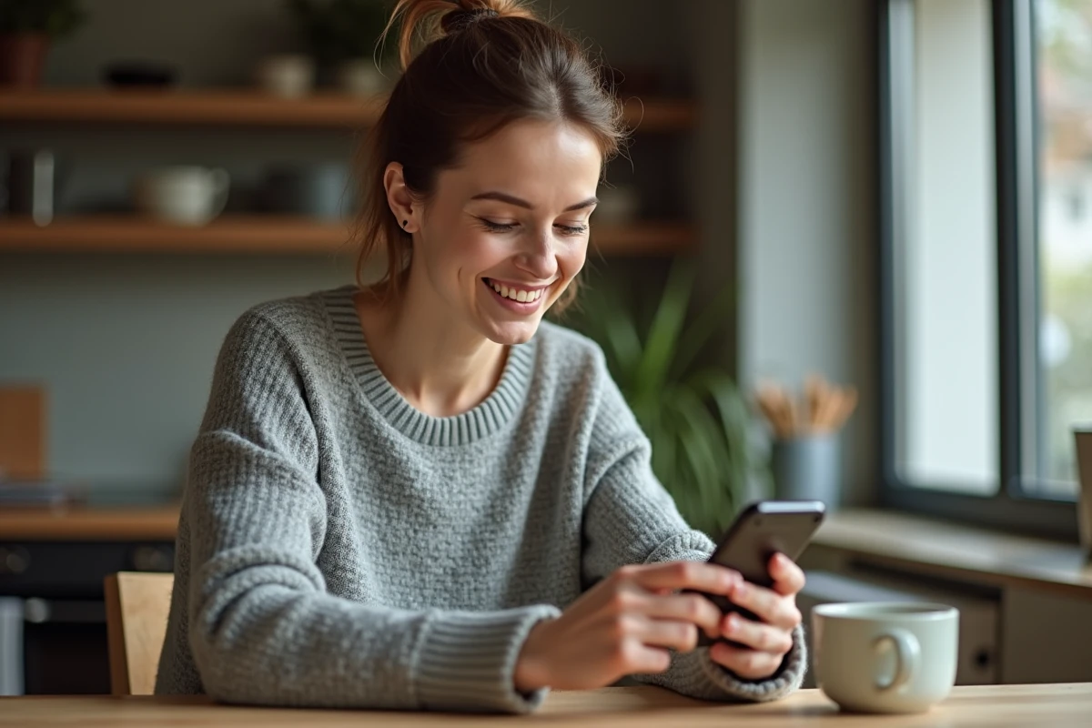 Femme programmant un message WhatsApp sur son smartphone depuis sa cuisine
