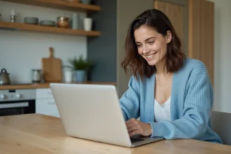 Femme souriante utilisant son ordinateur dans une cuisine moderne