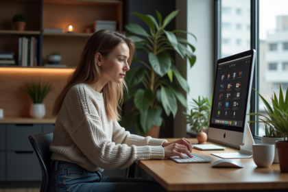 Jeune femme personnalise ses icônes sur son ordinateur