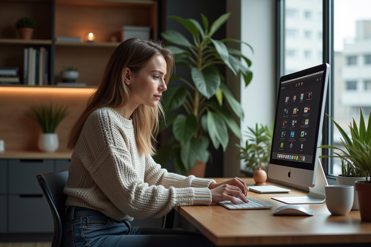 Jeune femme personnalise ses icônes sur son ordinateur