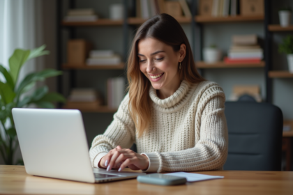 Jeune femme posant une clé USB dans un coffret sur un bureau