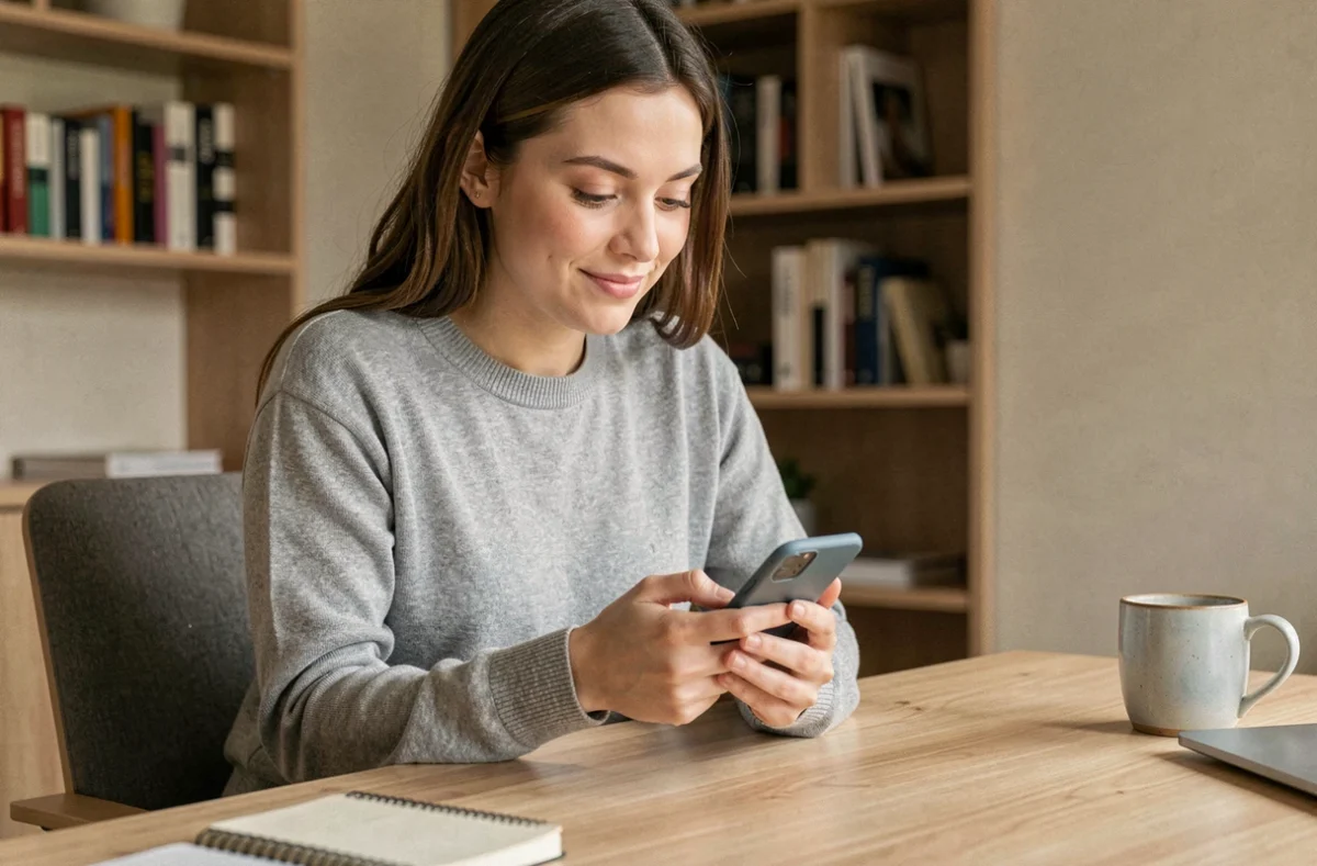 Femme utilisant le presse-papier Android sur son smartphone à son bureau à domicile