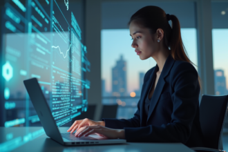 Femme d'affaires regardant des diagrammes blockchain holographiques