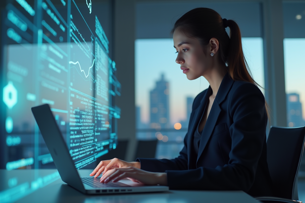 Femme d'affaires regardant des diagrammes blockchain holographiques