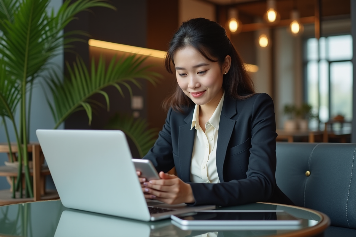 Jeune femme professionnelle utilisant un smartphone dans un bureau moderne