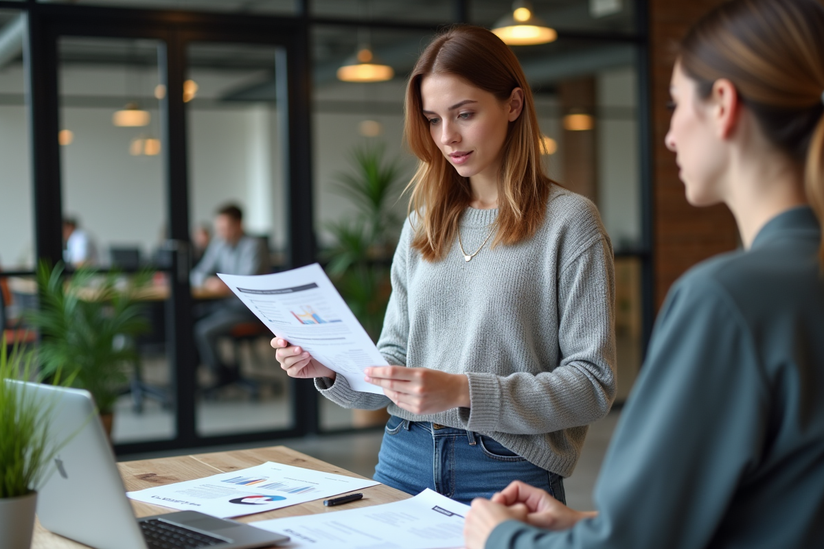 Femme lisant un rapport SEO avec collègue