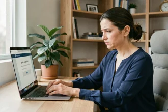 Femme en télétravail tentant de récupérer l'accès à son compte en ligne après un mot de passe perdu