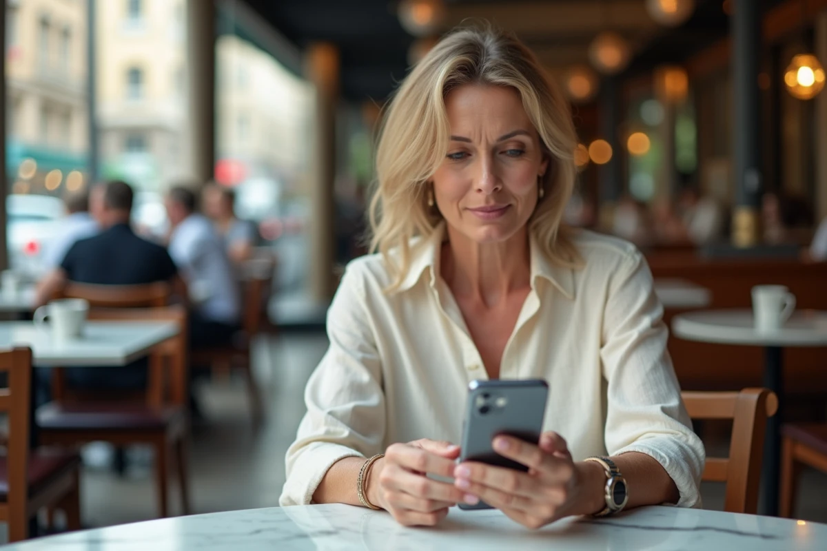 Femme tenant un Samsung E250 dans un café, alternative low-tech aux smartphones modernes