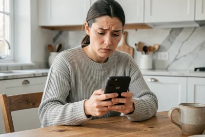 Femme tenant un Samsung Galaxy affichant une notification de stockage plein dans une cuisine moderne