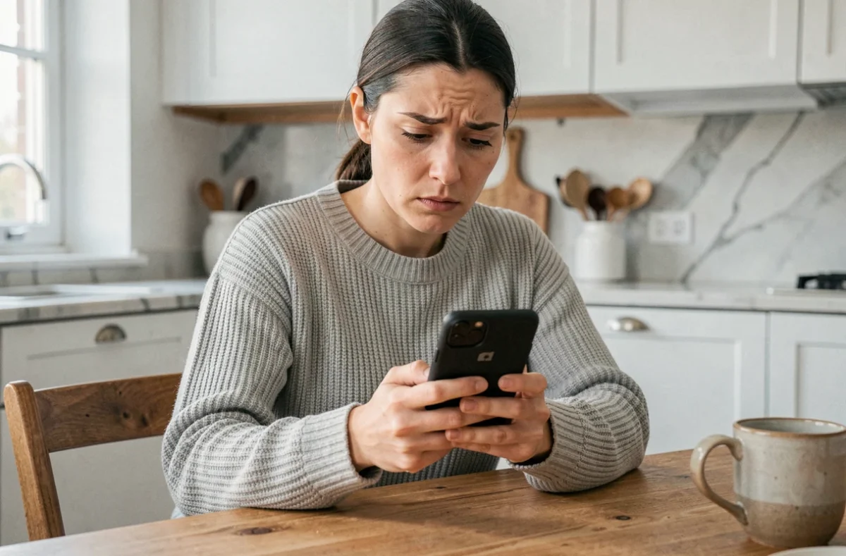 Femme tenant un Samsung Galaxy affichant une notification de stockage plein dans une cuisine moderne