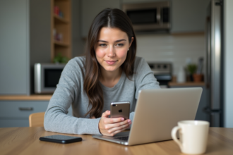 Jeune femme connectant son smartphone à un ordinateur portable