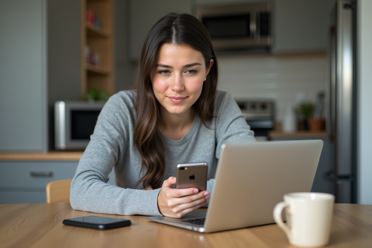 Jeune femme connectant son smartphone à un ordinateur portable