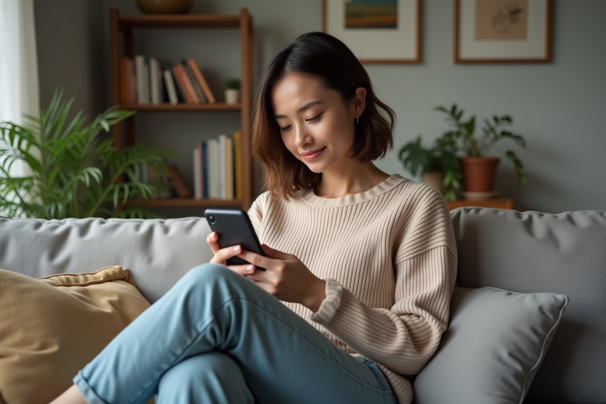 Femme détendue utilisant son smartphone dans un salon cosy