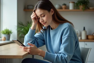 Jeune femme dans la cuisine examine son smartphone