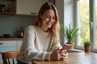 Femme souriante utilisant son smartphone le matin à la maison