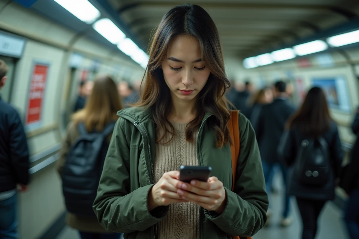 Femme scrutant son smartphone dans un métro bondé, illustrant la consommation compulsive d'informations et la difficulté à trier les contenus médiatiques au quotidien