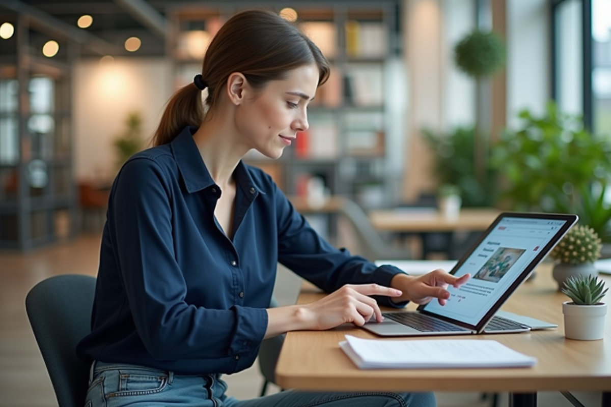 Jeune femme utilisant une tablette dans un bureau moderne